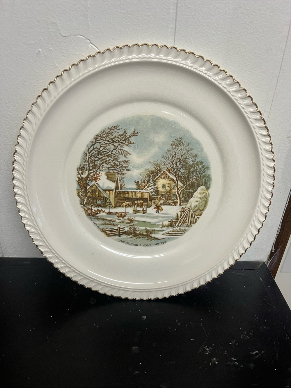 White Gold-Trim Decorative Winter Scene Dinner Plate